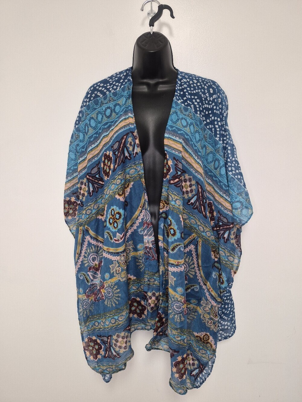 Anthropologie Raj Boho Blue and White Floral-Print Rayon Kimono OS